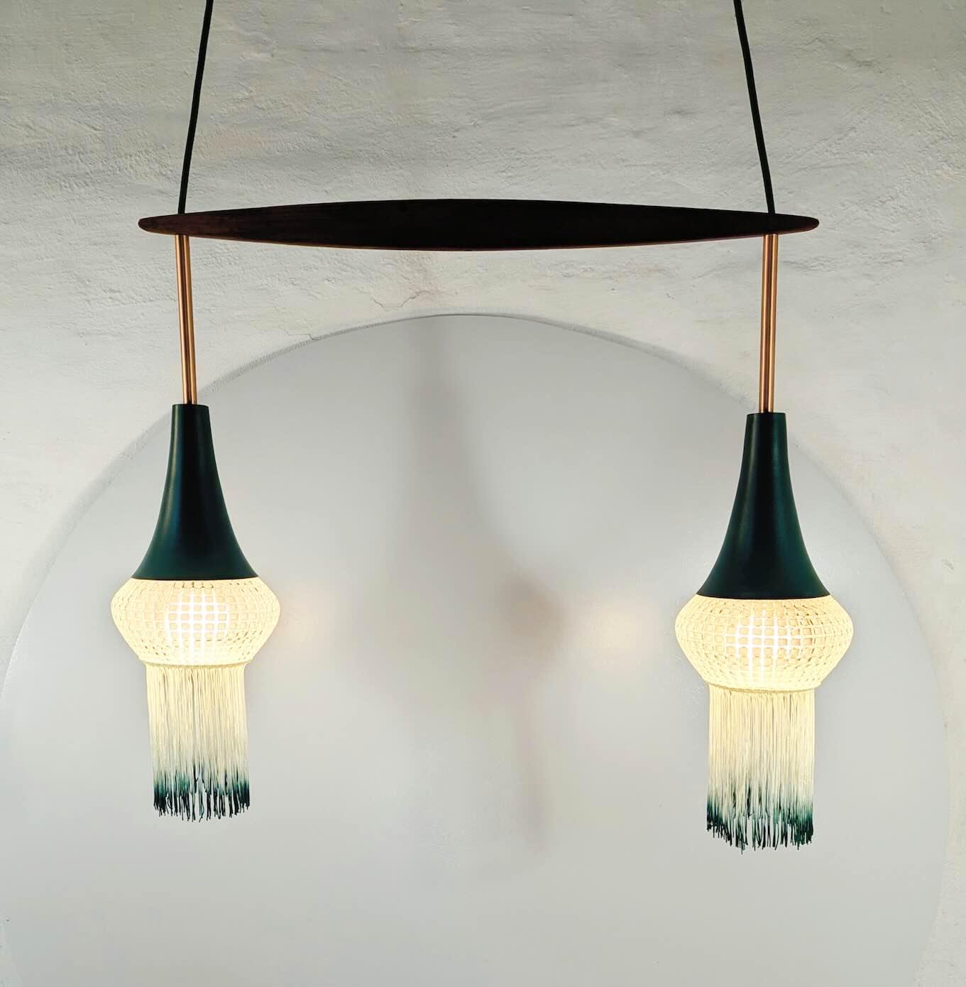 Dybgrøn Dobbeltlampe med glaskupler & teak - Billede 5