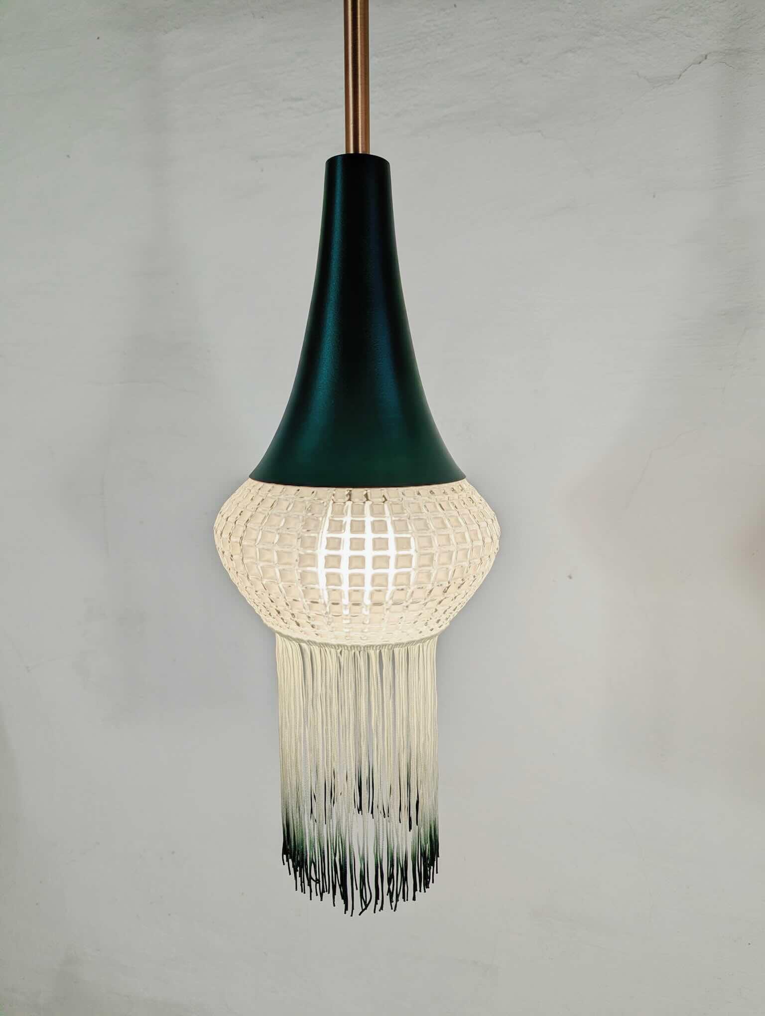 Dybgrøn Dobbeltlampe med glaskupler & teak - Billede 4