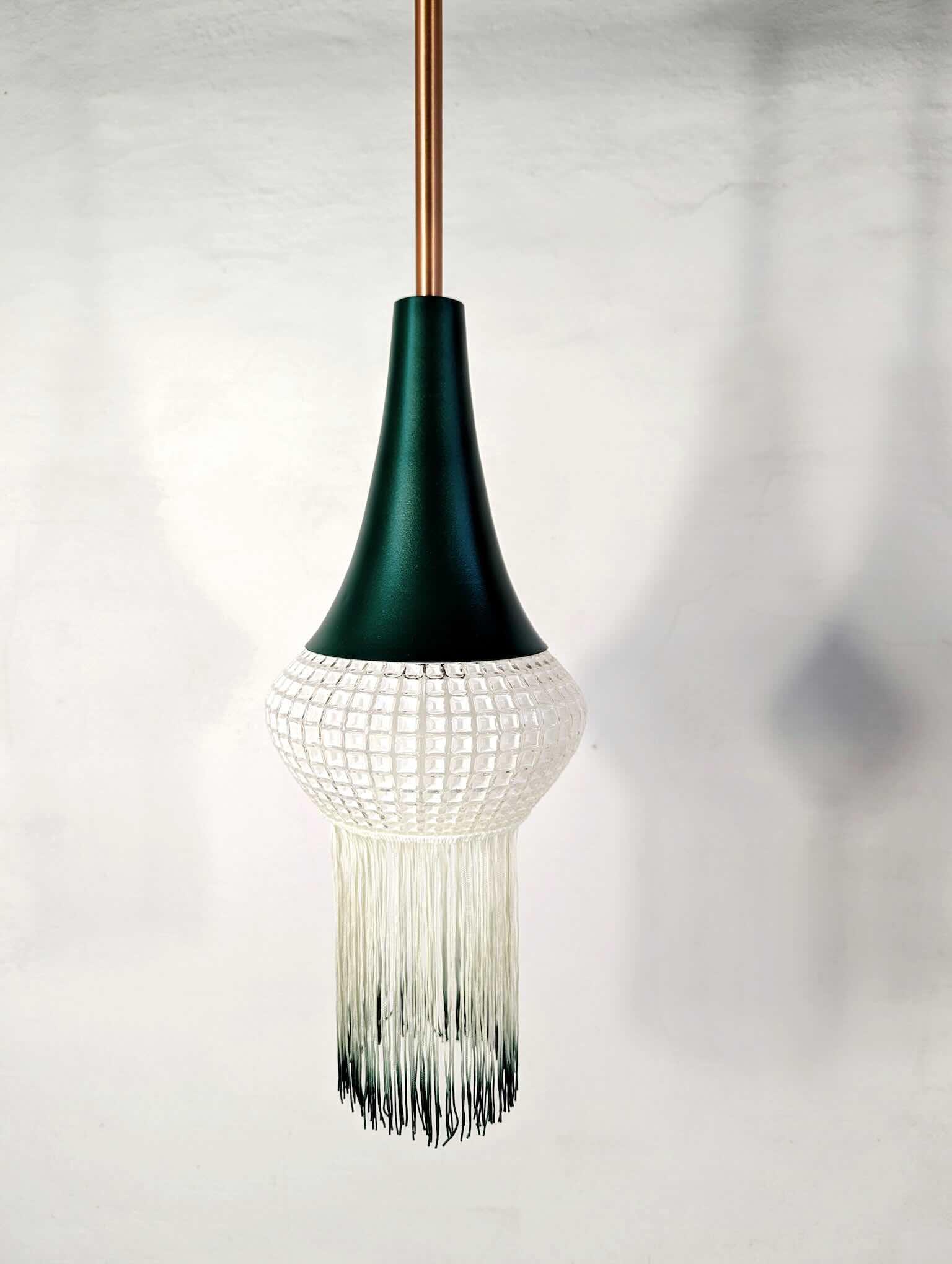 Dybgrøn Dobbeltlampe med glaskupler & teak - Billede 3